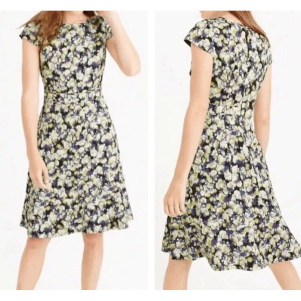 J. Crew Purple Yellow Watercolor Floral Fit Flare Dress 4 Knee Length Cap Sleeve
